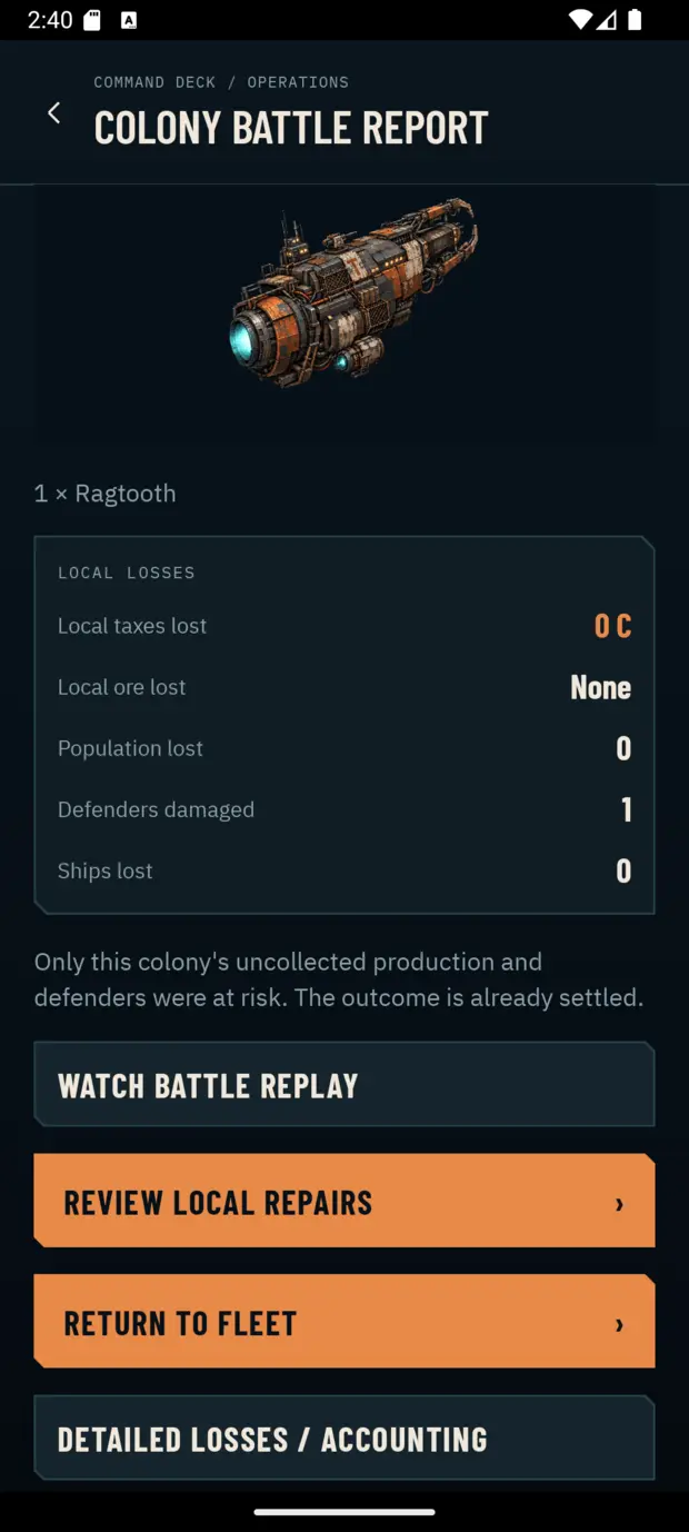 Fleet battle actions screen from Space Explorer